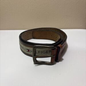 Retro Y2K Tommy Hilfiger Men's Brown Leather Ribbon Inlay Causal Belt